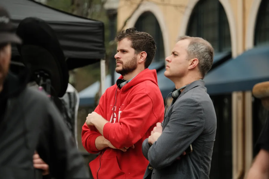 Jordan Harmon and Neal Harmon on set of The Shift