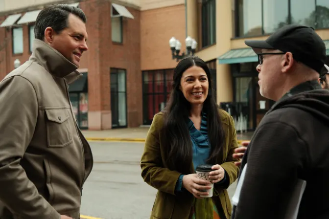 Liz Tabish and Kristoffer Polaha on set of The Shift